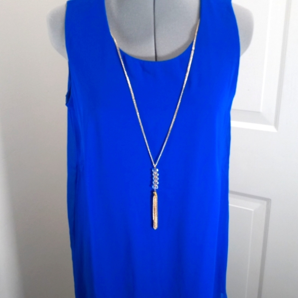 JM Collection Blue Dress W/ chiffon, Sz M, & Neckless